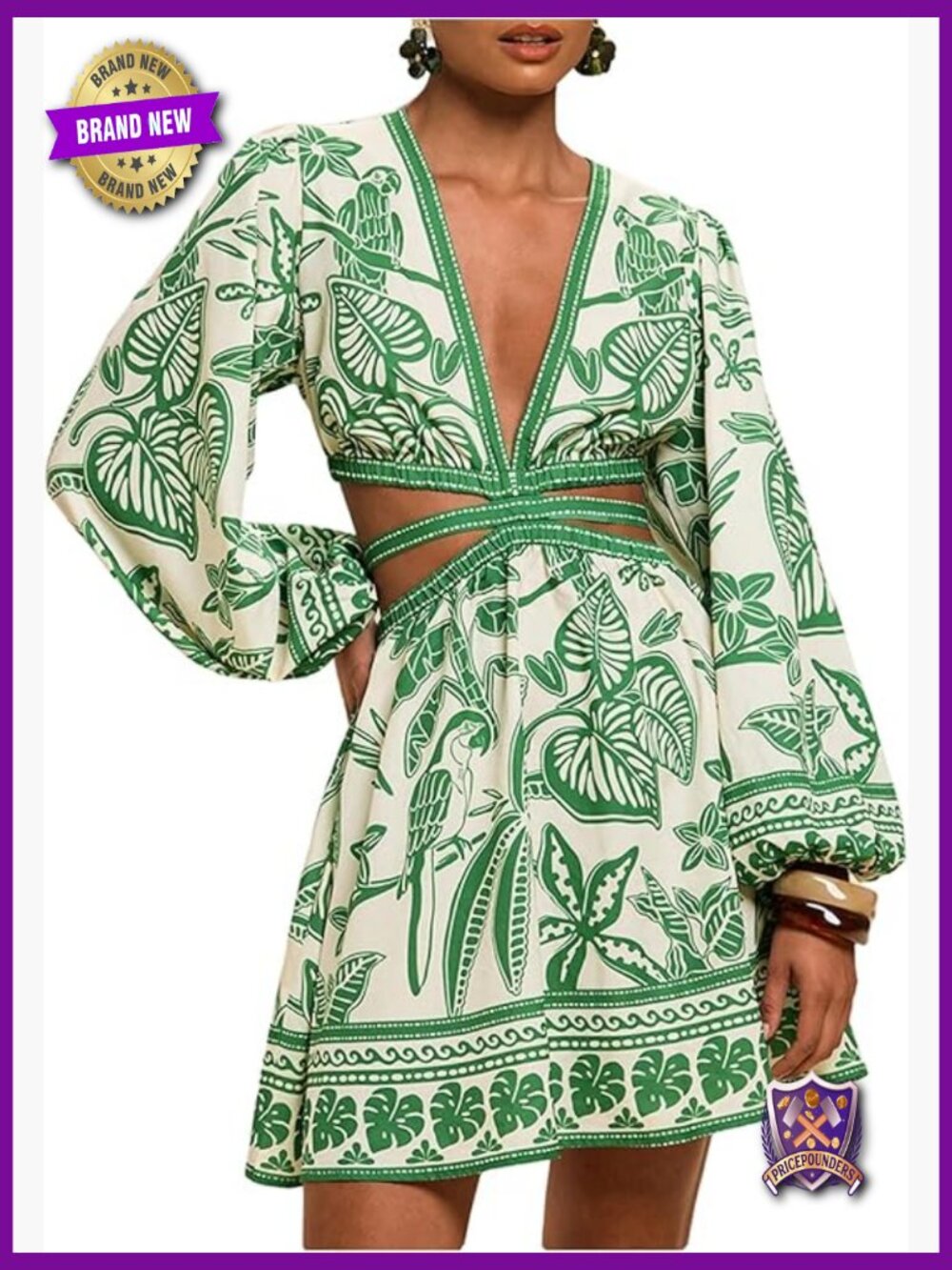 Tropical Bishop Sleeve Mini Dress with Cut Out Tie Back